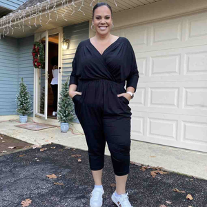 Mayes NYC Alex Back to Front Reversible Jumpsuit Solid in Black worn by Maddie Jones