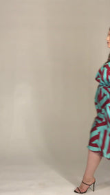 Mayes NYC Edwina Midi Off Shoulder Dress in Blue and Red Circle Stripes worn by model Megan Smith