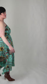 Mayes NYC Olivia One Shoulder Dress Aqua ground color Scarf Print worn by model Max