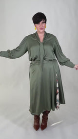 Mayes NYC Mia Scarf Neck Blouse in Solid color Olive worn by model Max
