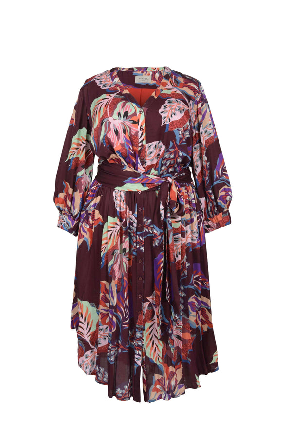 Mayes NYC Christopher Shirt Dress in Leaf Print in Burgundy Based color 