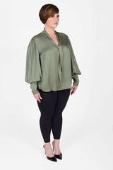 Mayes NYC Mia Scarf Neck Blouse in Solid color Olive worn by model Max