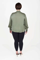 Mayes NYC Mia Scarf Neck Blouse in Solid color Olive worn by model Max
