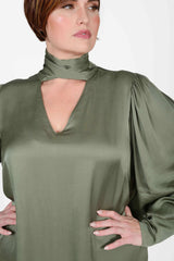 Mayes NYC Mia Scarf Neck Blouse in Solid color Olive worn by model Max