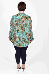 Mayes NYC Rosen Tie Neck Ruched Shoulder Blouse in Boho Scarf Print in Aqua color worn by model Max