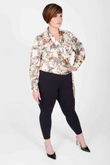 Mayes NYC Donna Shawl Collar Faux Wrap Blouse Crane Print with Cream-based color worn by model Max