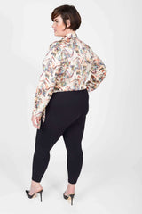 Mayes NYC Donna Shawl Collar Faux Wrap Blouse Crane Print with Cream-based color worn by model Max