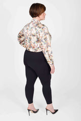 Mayes NYC Donna Shawl Collar Faux Wrap Blouse Crane Print with Cream-based color worn by model Max