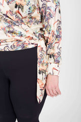 Mayes NYC Donna Shawl Collar Faux Wrap Blouse Crane Print with Cream-based color worn by model Max