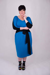 Mayes NYC Vira Color Block Dress Back to Front Reversible in Mykonos Blue worn by model Max