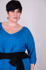 Mayes NYC Vira Color Block Dress Back to Front Reversible in Mykonos Blue worn by model Max