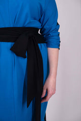 Mayes NYC Vira Color Block Dress Back to Front Reversible in Mykonos Blue worn by model Max