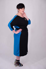 Mayes NYC Vira Color Block Dress Back to Front Reversible in Mykonos Blue worn by model Max