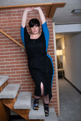 Mayes NYC Vira Color Block Dress Back to Front Reversible in Mykonos Blue worn by model Max