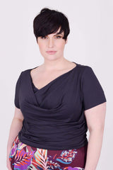 Mayes NYC Tracy Drape Neck Tee in Off-Black worn by model Max