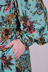 Mayes NYC Olivia One Shoulder Dress Aqua ground color Scarf Print worn by model Max