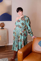 Mayes NYC Olivia One Shoulder Dress Aqua ground color Scarf Print worn by model Max