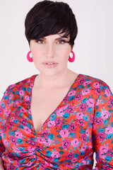 Mayes NYC Winnie RNR Dress in Red colored Mini Rose Print worn by model Max