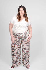 Mayes NYC Tracy Drape Neck Tee in Ivory worn by model Megan Smith