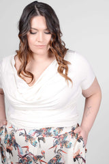 Mayes NYC Tracy Drape Neck Tee in Ivory worn by model Megan Smith