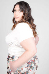 Mayes NYC Tracy Drape Neck Tee in Ivory worn by model Megan Smith