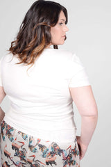 Mayes NYC Tracy Drape Neck Tee in Ivory worn by model Megan Smith