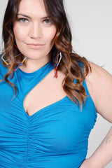 Mayes NYC Sarah Cutout Ruched Tank Dress in Blue worn by model Megan Smith