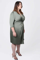 Mayes NYC Elvie Knot Waist Cut Away Dress in Olive color worn by model Megan Smith