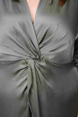 Mayes NYC Elvie Knot Waist Cut Away Dress in Olive color worn by model Megan Smith