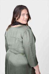 Mayes NYC Elvie Knot Waist Cut Away Dress in Olive color worn by model Megan Smith