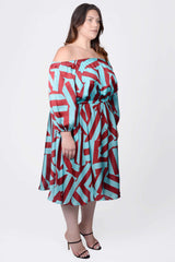 Mayes NYC Edwina Midi Off Shoulder Dress in Blue and Red Circle Stripes worn by model Megan Smith