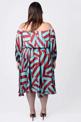 Mayes NYC Edwina Midi Off Shoulder Dress in Blue and Red Circle Stripes worn by model Megan Smith