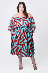 Mayes NYC Edwina Midi Off Shoulder Dress in Blue and Red Circle Stripes worn by model Megan Smith
