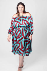 Mayes NYC Edwina Midi Off Shoulder Dress in Blue and Red Circle Stripes worn by model Megan Smith