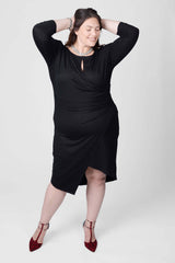 Mayes NYC Lina Keyhole Ruched Waist Dress in Black worn by model Megan Smith