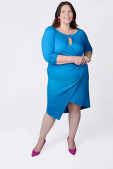 Mayes NYC Lina Keyhole Ruched Waist Dress in Blue worn by model Megan Smith