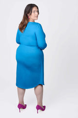 Mayes NYC Lina Keyhole Ruched Waist Dress in Blue worn by model Megan Smith