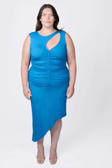 Mayes NYC Sarah Cutout Ruched Tank Dress in Blue worn by model Megan Smith
