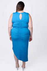 Mayes NYC Sarah Cutout Ruched Tank Dress in Blue worn by model Megan Smith