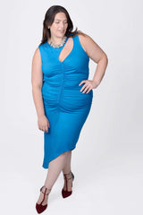 Mayes NYC Sarah Cutout Ruched Tank Dress in Blue worn by model Megan Smith