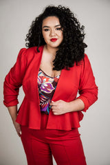 Mayes NYC Joey Peplum Jacket In Red worn by model Grace Delgado