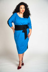 Mayes NYC Vira Color Block Dress Back to Front Reversible in Mykonos Blue worn by model Grace Clark Delgado