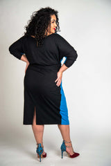Mayes NYC Vira Color Block Dress Back to Front Reversible in Mykonos Blue worn by model Grace Delgado