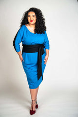 Mayes NYC Vira Color Block Dress Back to Front Reversible in Mykonos Blue worn by model Grace Clark Delgado
