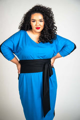Mayes NYC Vira Color Block Dress Back to Front Reversible in Mykonos Blue worn by model Grace Delgado