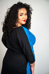 Mayes NYC Vira Color Block Dress Back to Front Reversible in Mykonos Blue worn by model Grace Delgado
