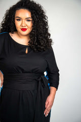 Mayes NYC Vira Color Block Dress Back to Front Reversible in Mykonos Blue worn by model Grace Delgado