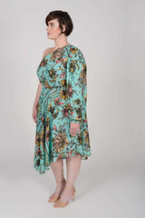 Mayes NYC Olivia One Shoulder Dress Aqua ground color Scarf Print worn by model Max