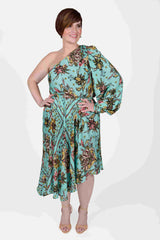 Mayes NYC Olivia One Shoulder Dress Aqua ground color Scarf Print worn by model Max