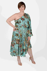 Mayes NYC Olivia One Shoulder Dress Aqua ground color Scarf Print worn by model Max